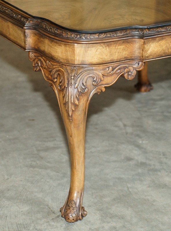 EXQUISITE BURR WALNUT COFFEE COCKTAIL TABLE WITH ORNATELY CARVED CABRIOLE LEGS gallery