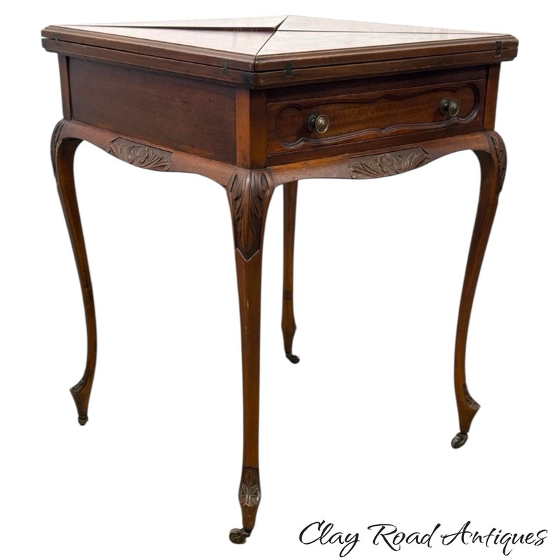 antique french walnut game table handkerchief carved stand card 1800s