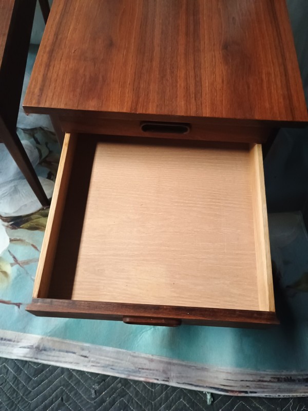 2 Mid Century Modern Walnut End Tables 2 Drawer Carved Handles 20"H 30"L 21" W gallery