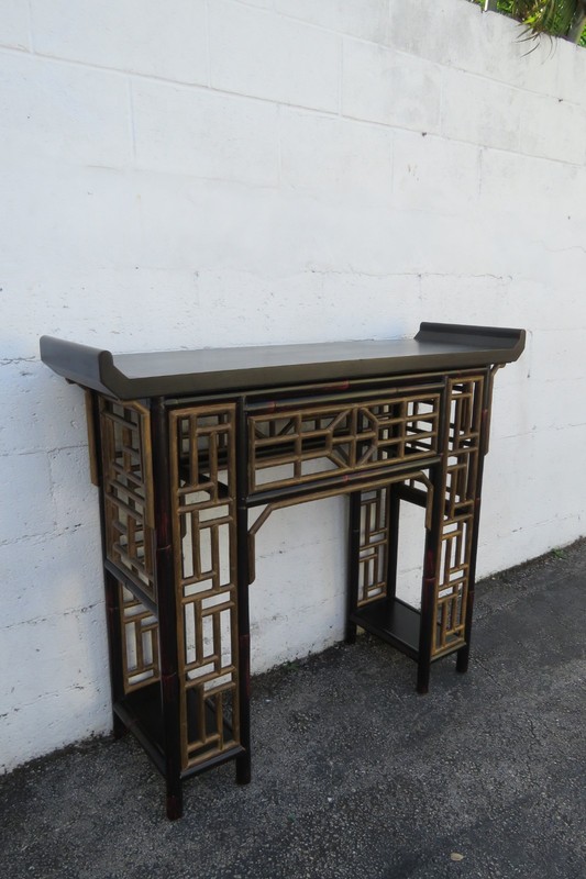 Hollywood Regency Asian Distressed Painted Small Narrow Console Entry Table 6150 gallery