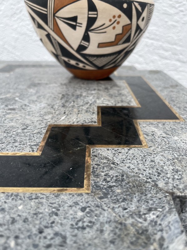 Vintage Postmodern Tessellated Stone Brass Inlay Pedestal Side Table Brutalist ￼ gallery