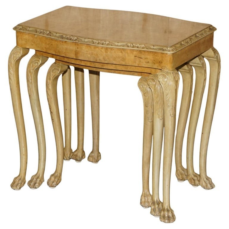 ART DECO 1930’S NEST OF THREE LIGHT BURR WALNUT TABLES WITH LIONS HAIRY PAW FEET