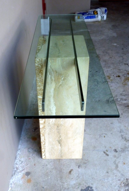 IMPOSING 1970'S ARCHITECTURAL TRAVERTINE MARBLE CONSOLE WITH GLASS TOP gallery