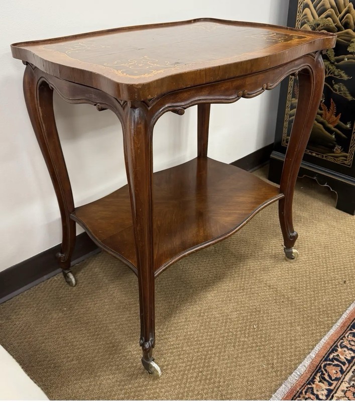 Rare Antique Italian Marquetry Inlay Two-tiered Bar Cart Tea Table End Side gallery