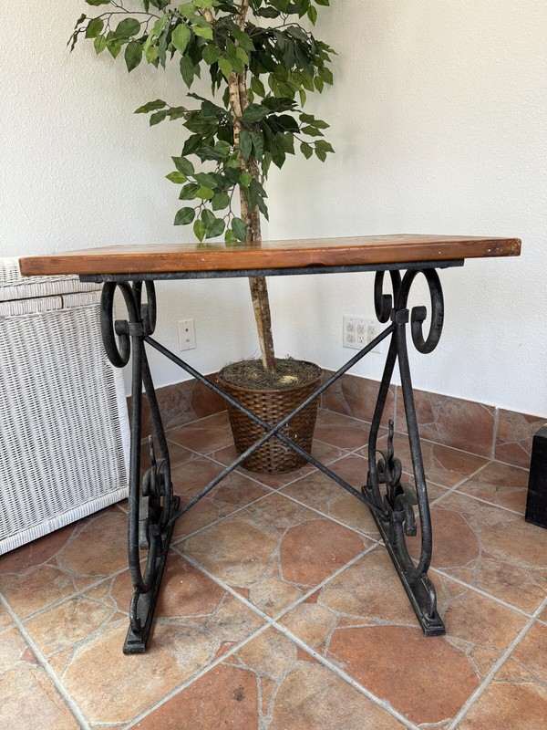 Rare HENREDON SOLID Thick WROUGHT IRON BASE in Art Deco style w/Wooden table top gallery