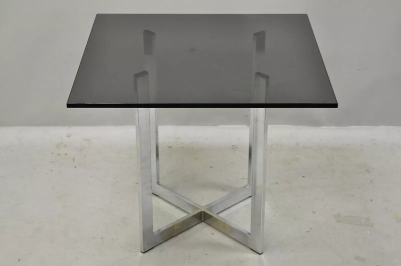 Mid 20th Century Chrome X-Frame Smoked Glass Barcelona Style Side End Table gallery
