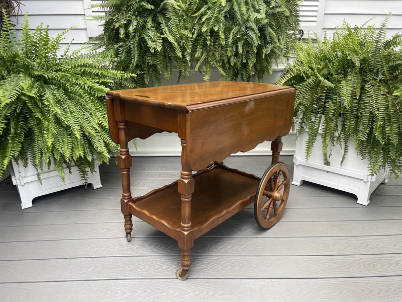 VTG ETHAN ALLEN MAPLE ROLLING TEA CART DROP LEAF SIDE END COFFEE TABLE W/ SHELF gallery