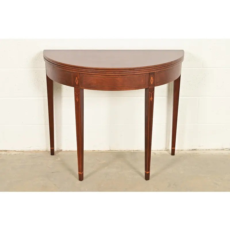 Baker Furniture Federal Inlaid Mahogany Flip-Top Demilune Console Table gallery