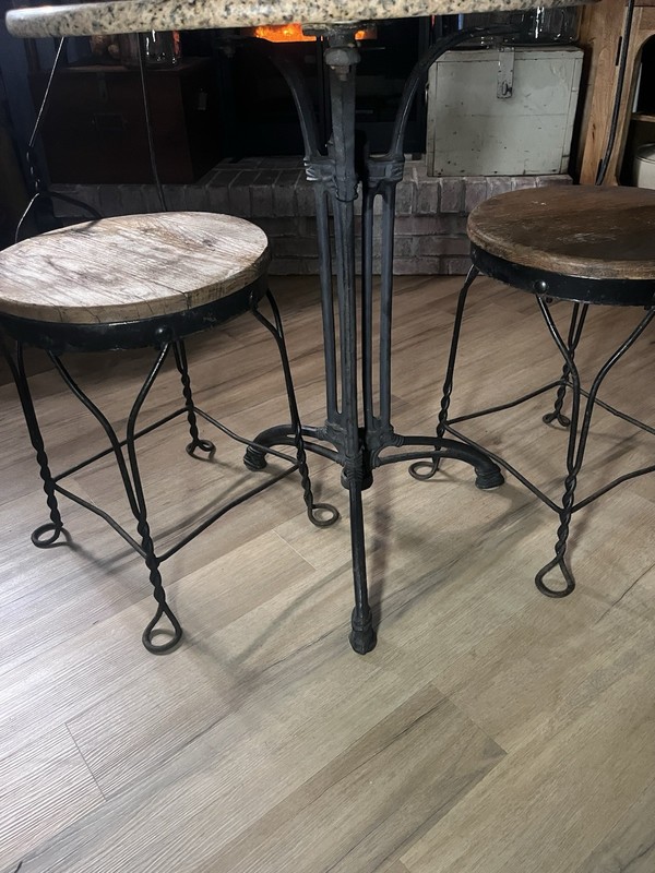 Bistro Table French Style Cast Iron & Granite 3 Leg, Jointed, 2 Parlor Chairs gallery