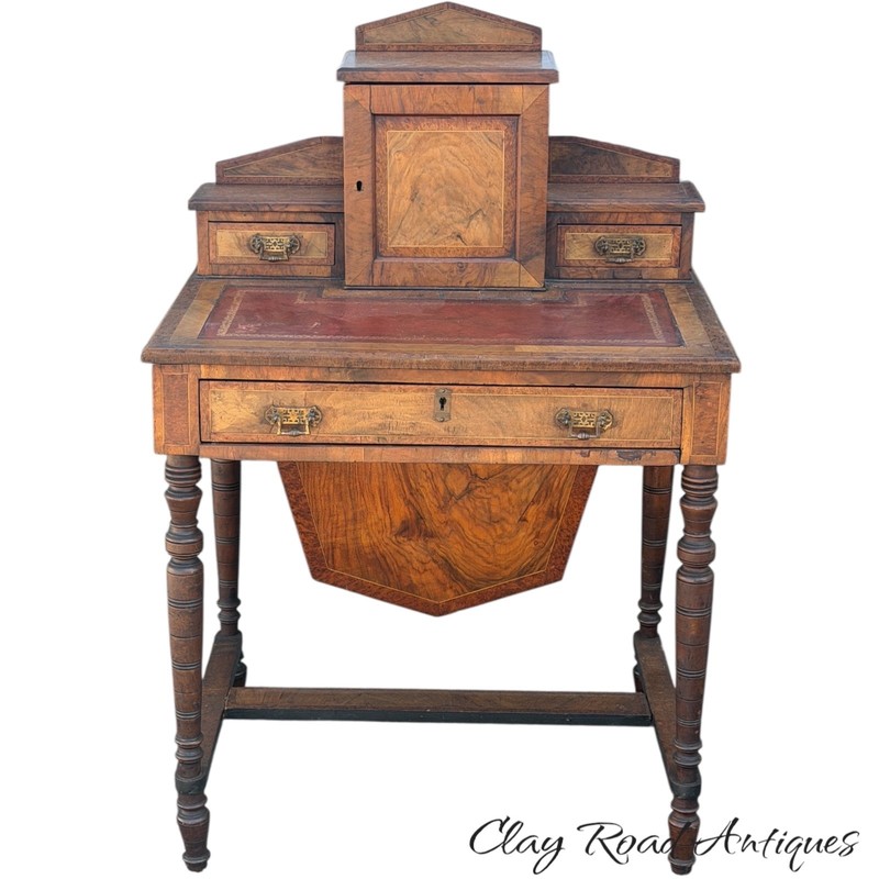 Antique victorian rosewood burl sewing table work stand leather top ladies gallery