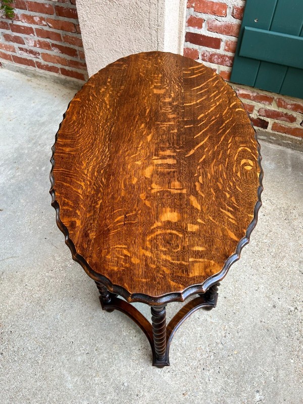 Antique English OVAL Side Center Table BARLEY TWIST Tiger Oak Jacobean c1920 gallery