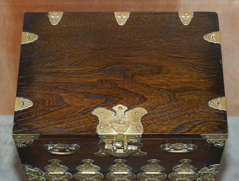 ANTIQUE JAPANESE 1880 ELM SIDE TABLE ON STAND WITH ORNATE CAST BRASS FIXTURES gallery