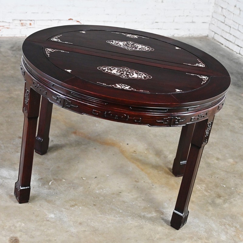 Chinoiserie Dining Table Rosewood & Mother of Pearl Round to Oval with 2 Leaves gallery