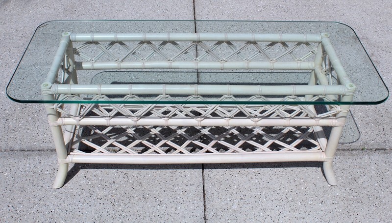 Vintage 1970s Coastal Rattan Coffee Table with Turquoise Glass Top gallery