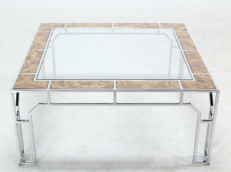 Mid Century Modern Chrome Glass Top Square Coffee Table w Burl Wood Inserts MINT gallery