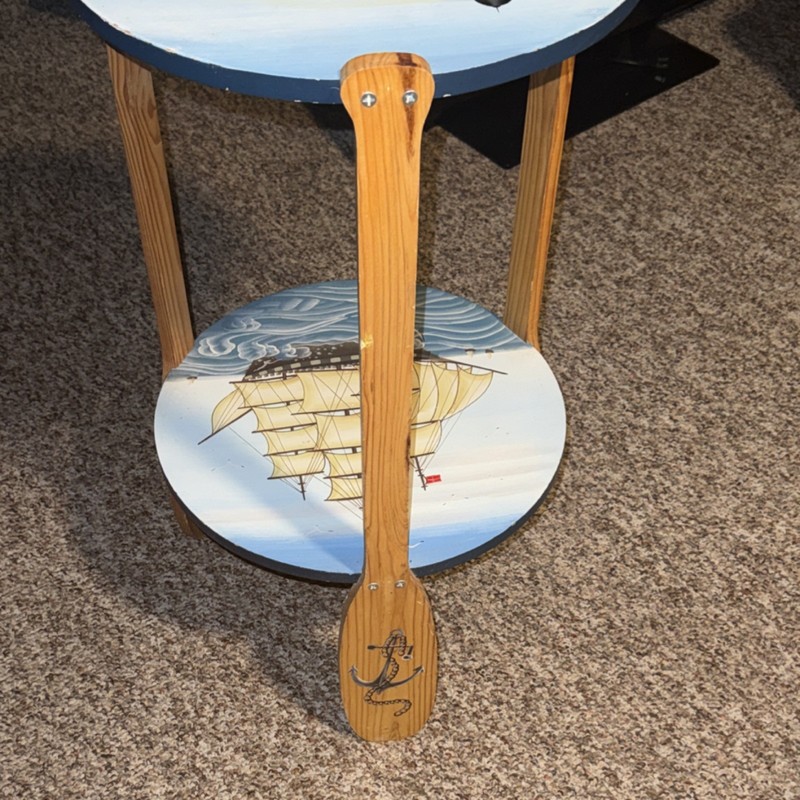 Hand Painted Lighthouse Antique Round Wood Accent Table, 16x16x29 in, Multicolor gallery