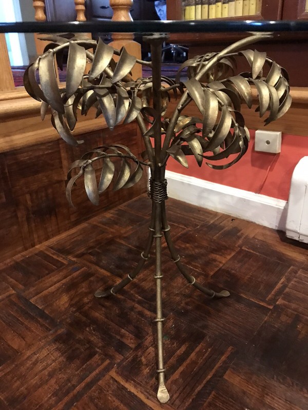 ITALIAN GILT METAL PALM TREE FORM SIDE TABLE. ROUND GLASS TOP. gallery