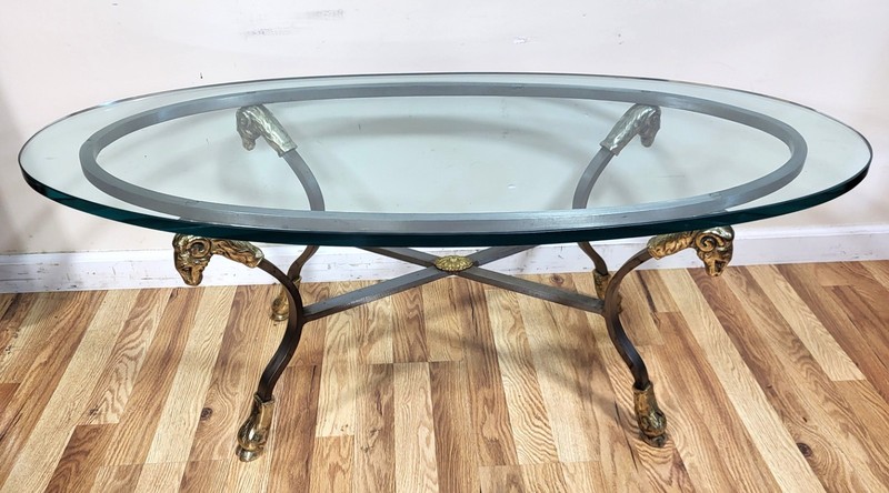 Vintage ITALIAN 20th C Mid-Century MODERN Steel & Brass RAM Head COFFEE TABLE gallery