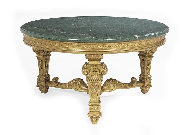 Table, Italian Giltwood, Green Marble-Top Center Table, Vintage, 1900s, 20th C.