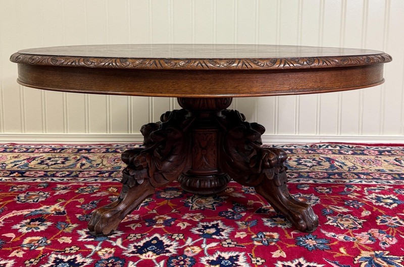 ANTIQUE FRENCH BLACK FOREST OVAL ENTRYWAY OAK CARVED GRIFFINS TABLE 44x 51 x27