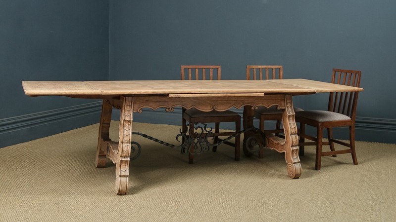 Antique Spanish Basque Oak & Iron 8ft 9” Refectory Kitchen Dining Table c. 1930 gallery