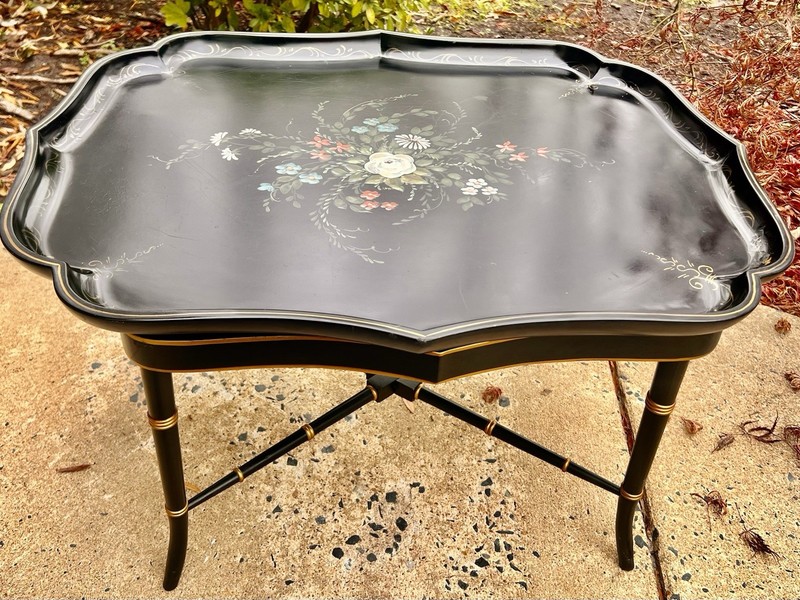 Antique Hand Painted Signed English Hand Painted Tole Tray Top Coffee Table gallery