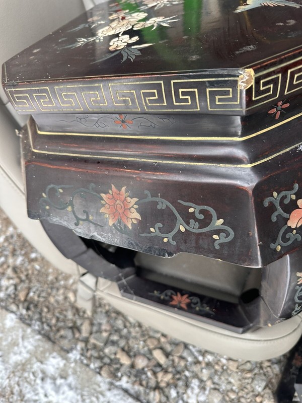 Early 20th Century Asian Chinoiserie Black Lacquer Carved Side Table Set gallery