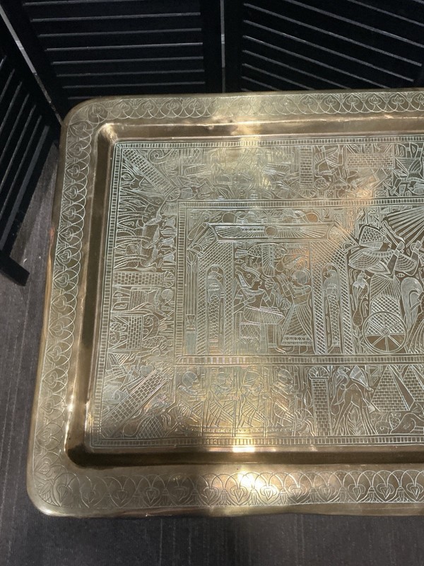 Vintage Brass Engraved Coffee Table Middle Eastern Tray Top Carved Wood Base MCM gallery