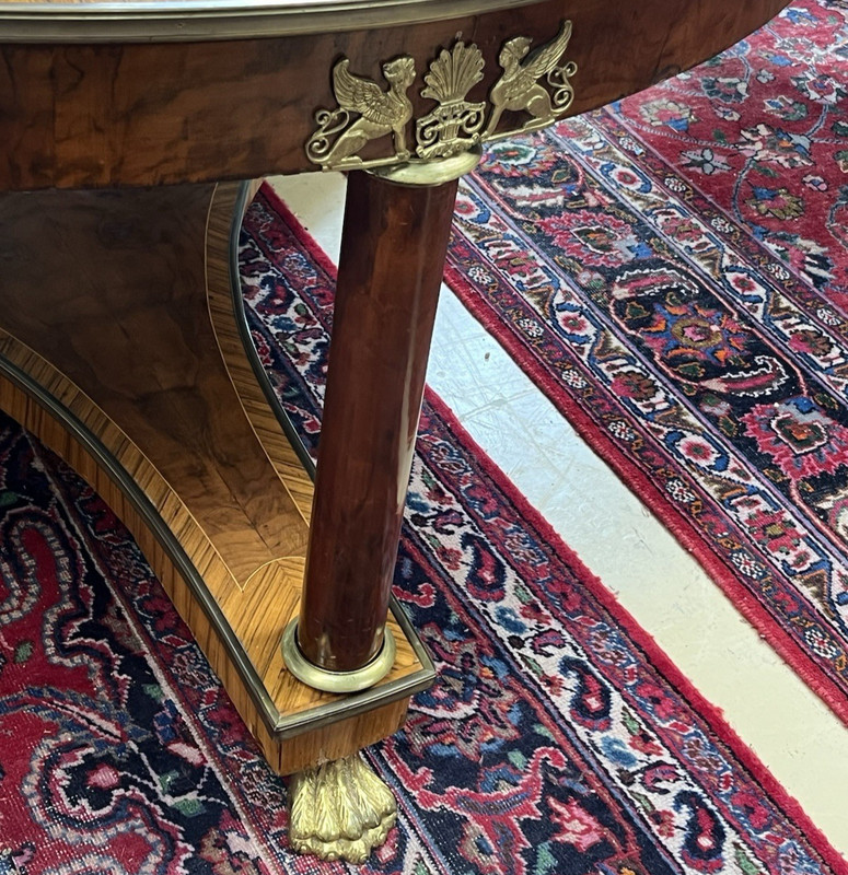 66" LARGE ROUND EMPIRE STYLE FIGURED BURL WALNUT CENTER ENTRYWAY TABLE gallery