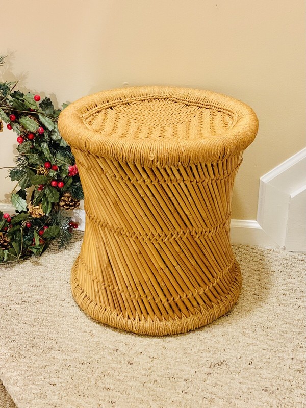 Vtg Table Plant Stand Ottoman Stool Cane Rattan Wicker Woven Boho Mid Century
