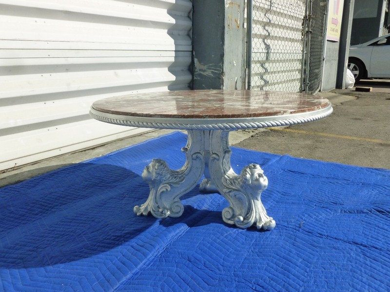 ITALIAN HOLLYWOOD REGENCY SILVER LEAF COFFEE TABLE W ANGEL HEADS & MARBLE TOP gallery