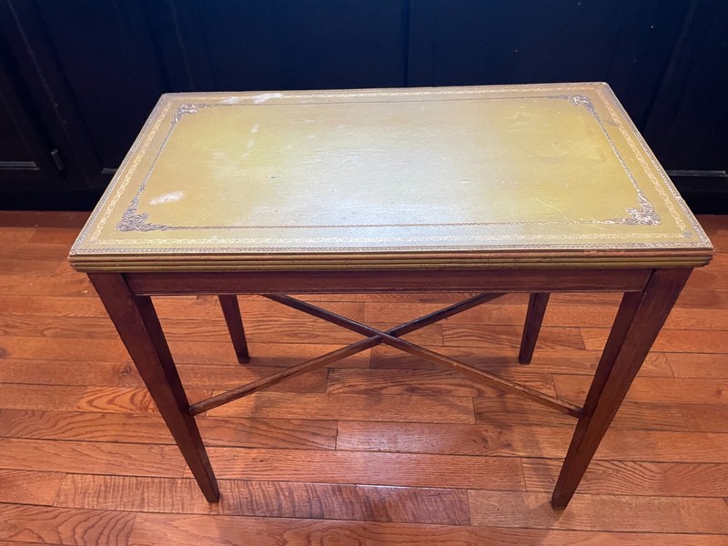 Leather Topped card side table 24 carot gold leaf tooling hand embossed blind gallery