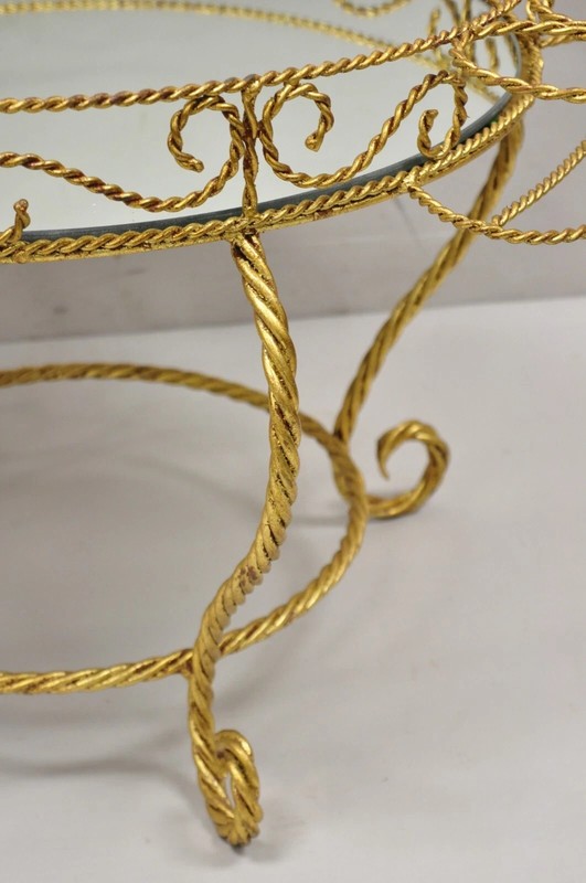 Vintage Italian Hollywood Regency Iron Gold Rope Round Mirror Top Coffee Table gallery