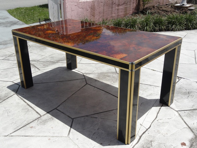 EXTRAVAGANT CHIC 70s BRASS & CHROME WILLY RIZZO OLIVE WOOD BURL DINING TABLE gallery