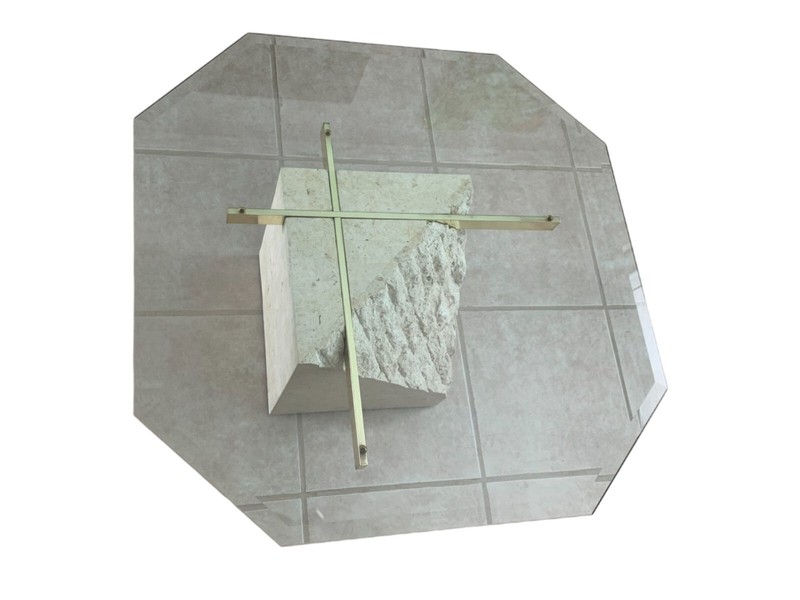 Postmodern Tesselated Mactan Stone and Brass Coffee Table With Glass Top gallery