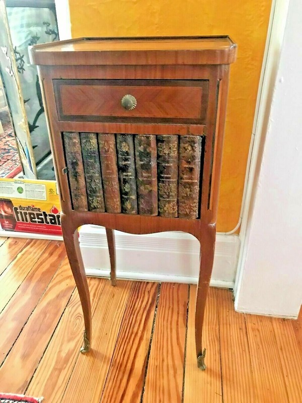Louis XVI Style 19th Century Night Table Flip Top, Faux Books Mahogany Kingwood