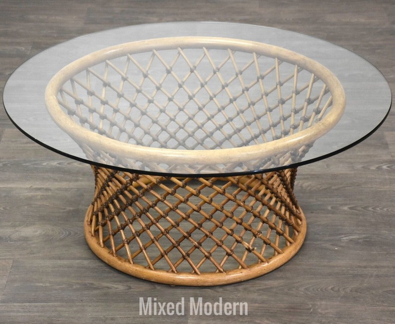 Mid Century Rattan and Glass Coffee Table