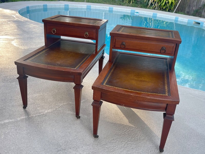 PAIR 1940s Step-Back Tooled Leather Top ANTIQUE Side End Drawer Tables Mersman gallery