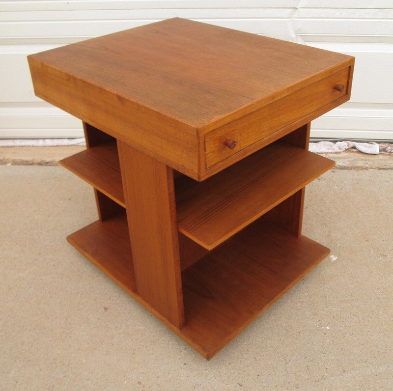 Vintage Danish Modern Teak Side End Table Drawer Shelves Casters 24-1/2in T gallery
