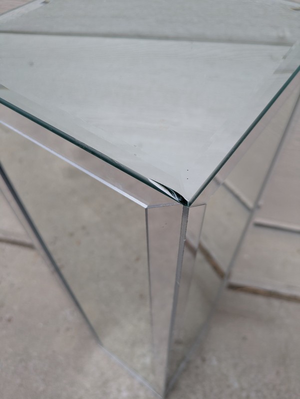 Vtg Hollywood Regency Mirrored Pedestal Plant Stand Table Beveled Glass Column gallery
