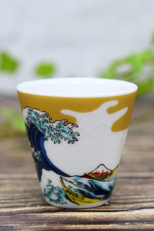 Lucky Sake Cup Kutani Ware Wave Design Ceramic Japanese Tableware Made in Japan
