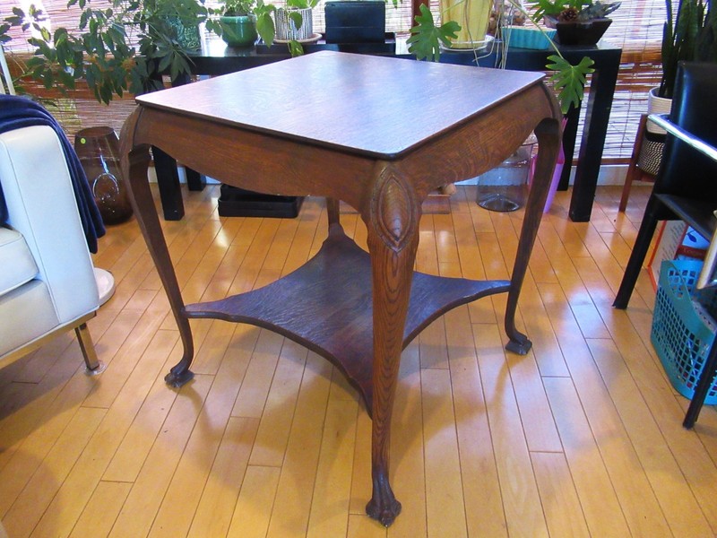 Antique Tiger Oak Parlor Table 29" Tall 24" Square Shelf Claw Feet PICK UP ONLY! gallery