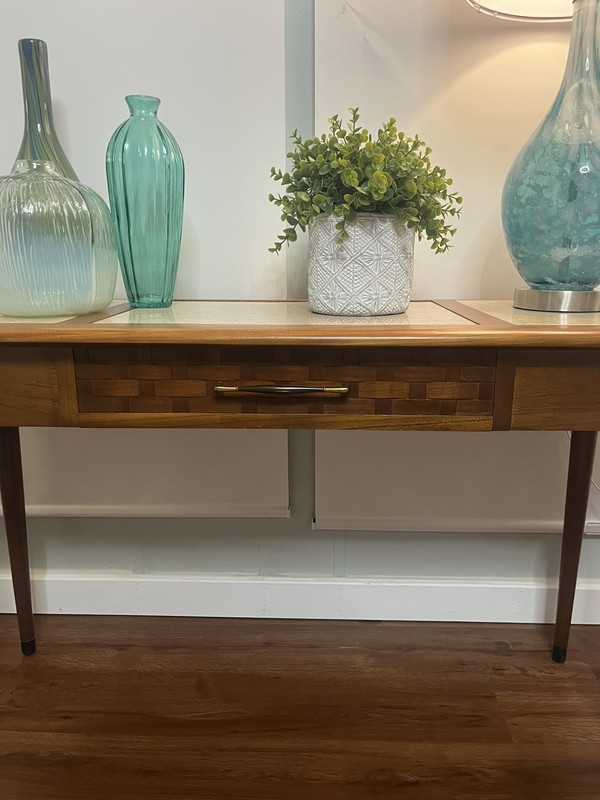 Lane Perception entrytable/sofa table MCM-walnut and travertine. Rare piece gallery