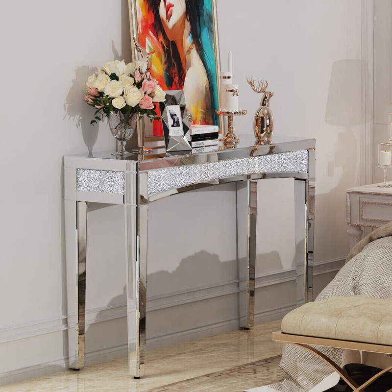 Modern Console Table Mirrored Finished Glam Silver Entryway Table Crystals Inlay gallery