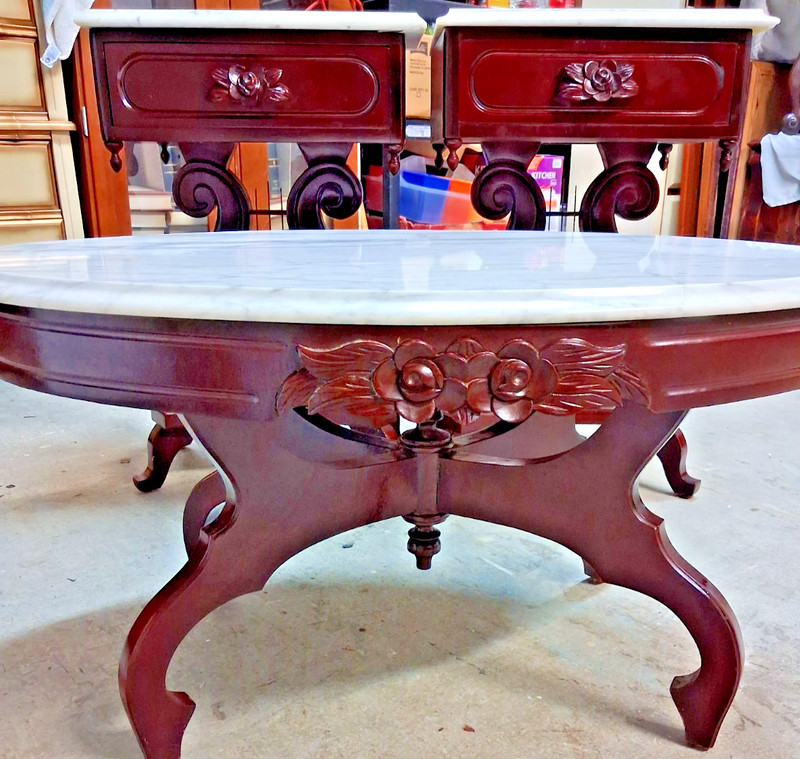 3 Pelham Shell & Leckie-Italian Marble top, rose carved lyre/harp tables