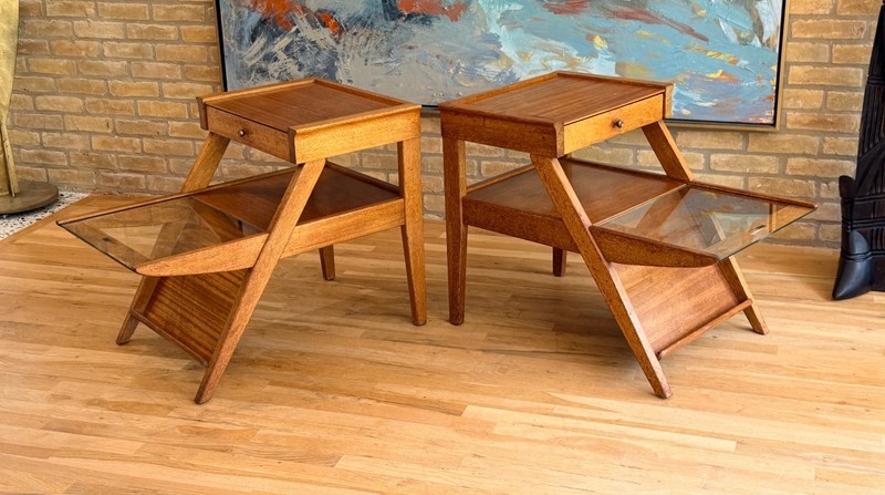 Brown Saltman Keal California Wood Glass Magazine Side Table Nightstand Vtg Mcm gallery