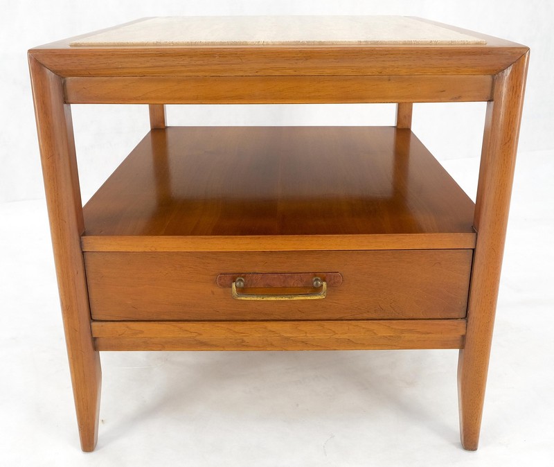 Drexel Travertine Top Walnut Base Rectangle One Drawer Side End Table Stand MINT gallery
