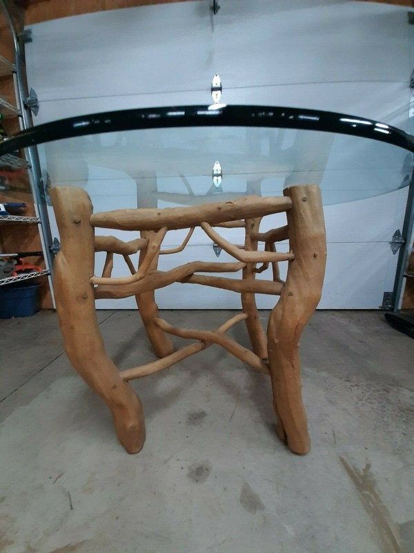 Rustic, natural tree limb 42in diameter dining table w/heavy 3/4 in glass top 