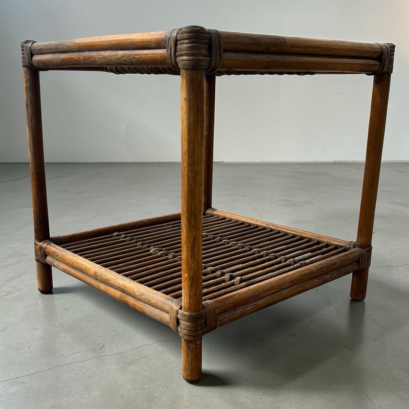 Pair Vintage Mid Century Bamboo Rattan Wicker Side End Table Stand Tiki Boho MCM gallery