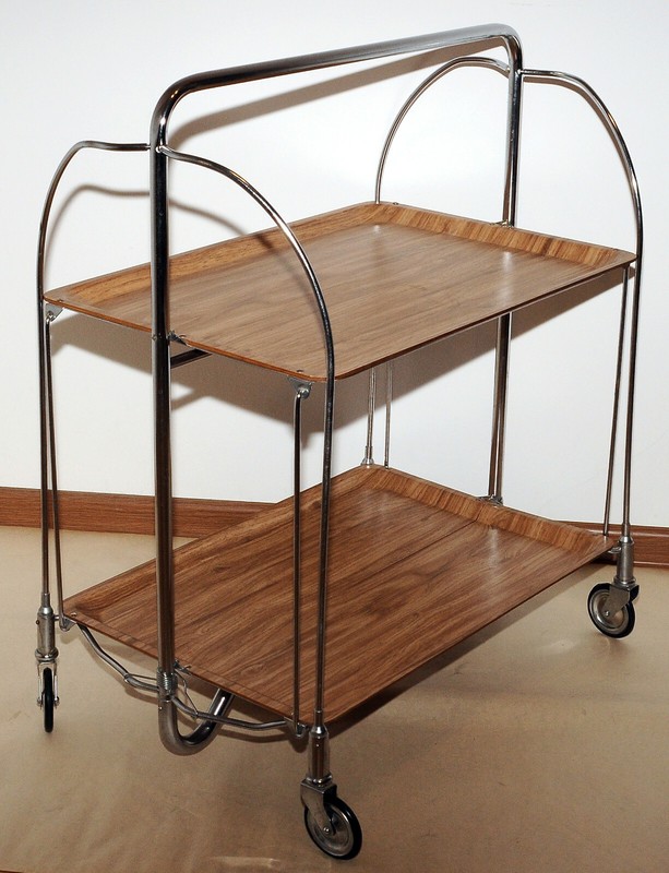 SERVING TABLE Mid-Century Modern Folding Tea Cart Chrome Plywood Bauhaus Style gallery